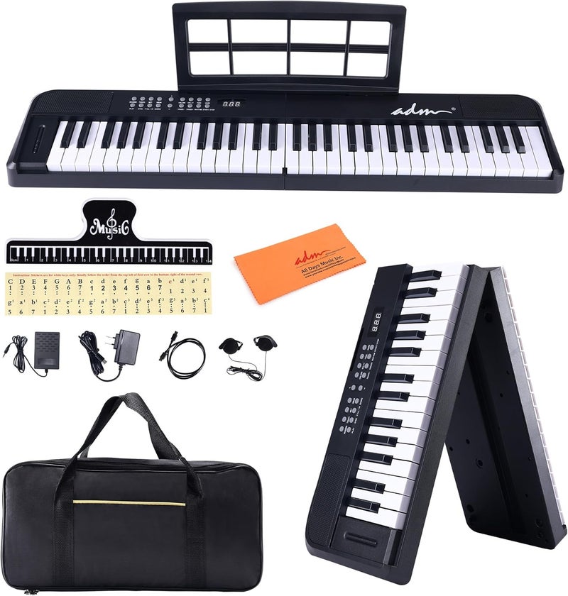 ADM 61 Key Folding Electric Piano Keyboard, Foldable Electronic Keyboard, Wireless 128 Tones, 128 Rhythms Includes Pedal, Gig Bag, Headphones for Beginners, Students, Teenagers, Adults, Black - Image 1